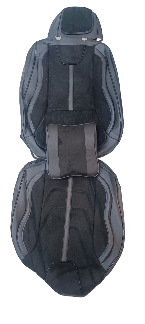 Чёрные каркасные авточехлы из экокожи и алькантары  