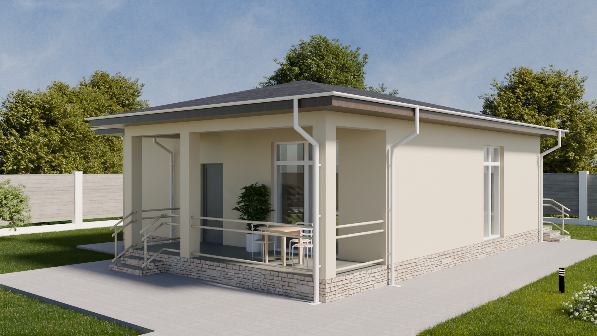 Визуализация одноэтажный современный дом сбоку