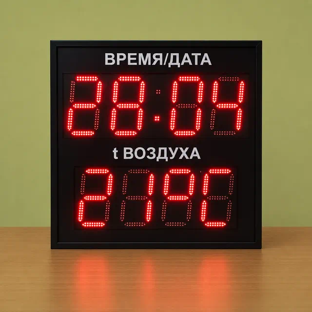 Светодиодное метеотабло красного свечения с крупным отображением времени и температурой