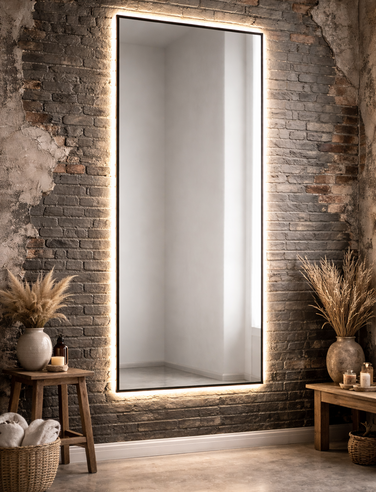 Настенное зеркало с LED-подсветкой в металлической раме, современный интерьер