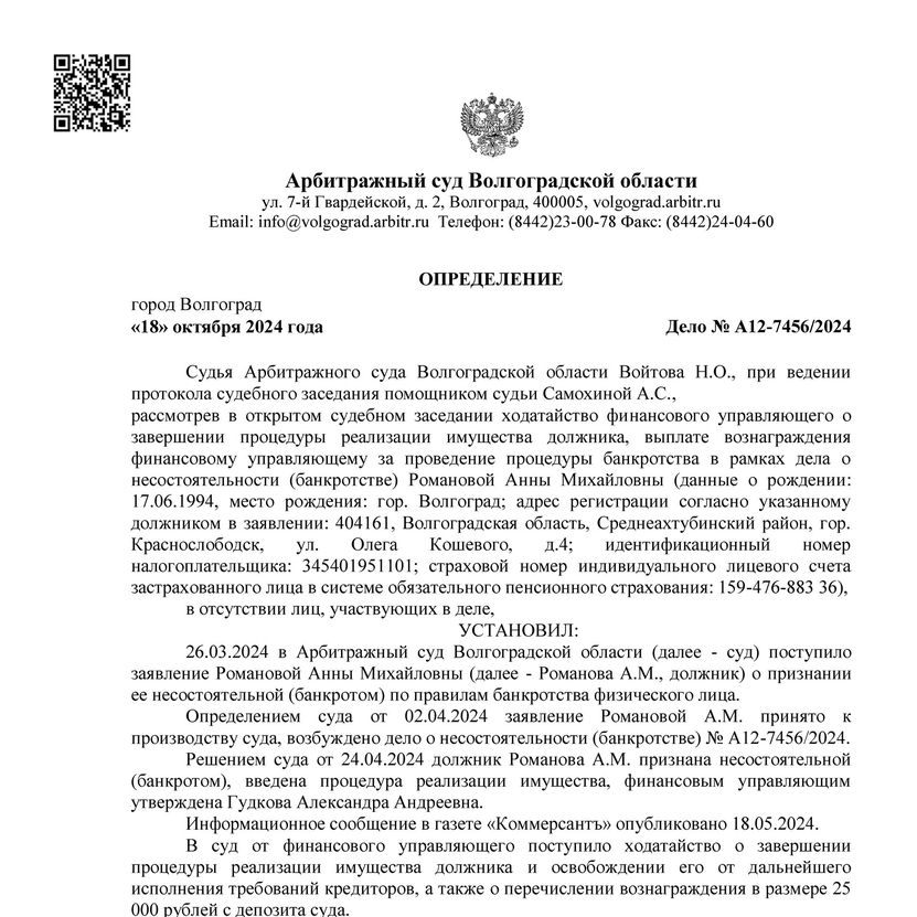 Списанные долги по банкротству арбитражным управляющим Гудковой Александрой Андреевной А12-7456