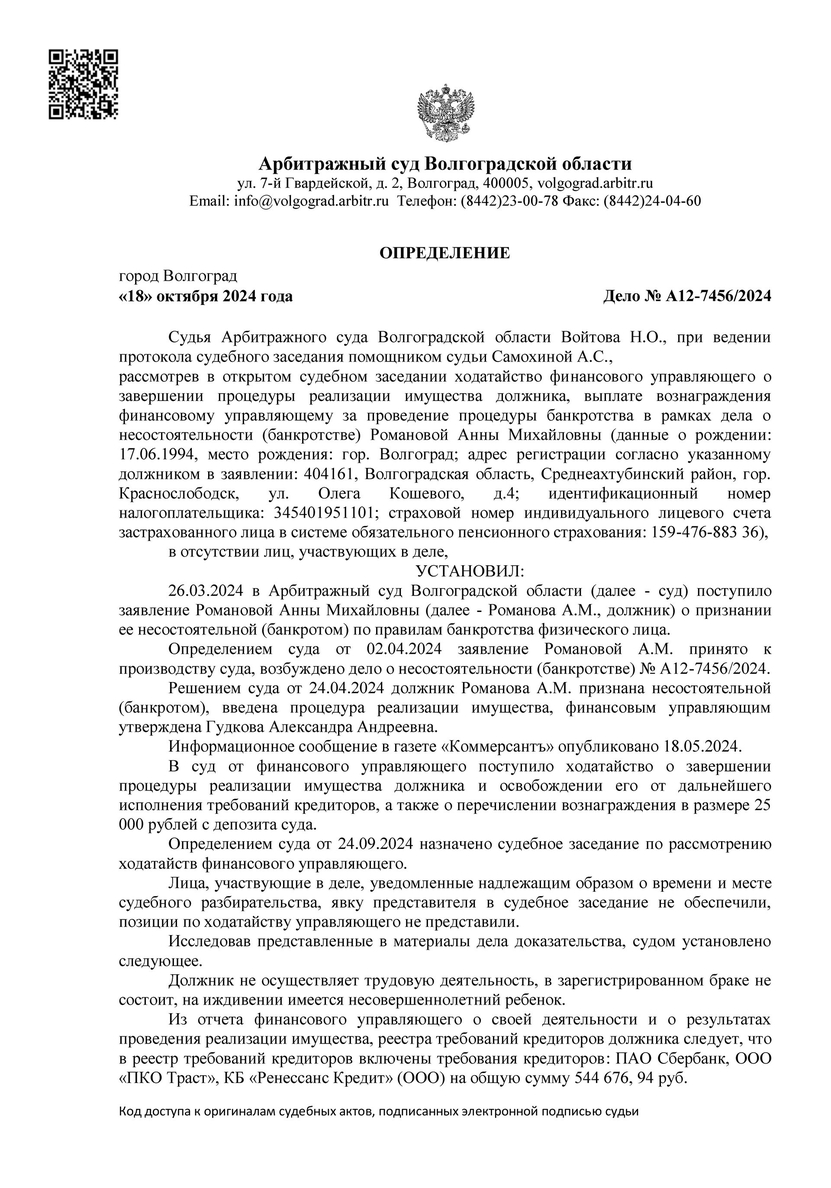 Списанные долги по банкротству арбитражным управляющим Гудковой Александрой Андреевной А12-7456