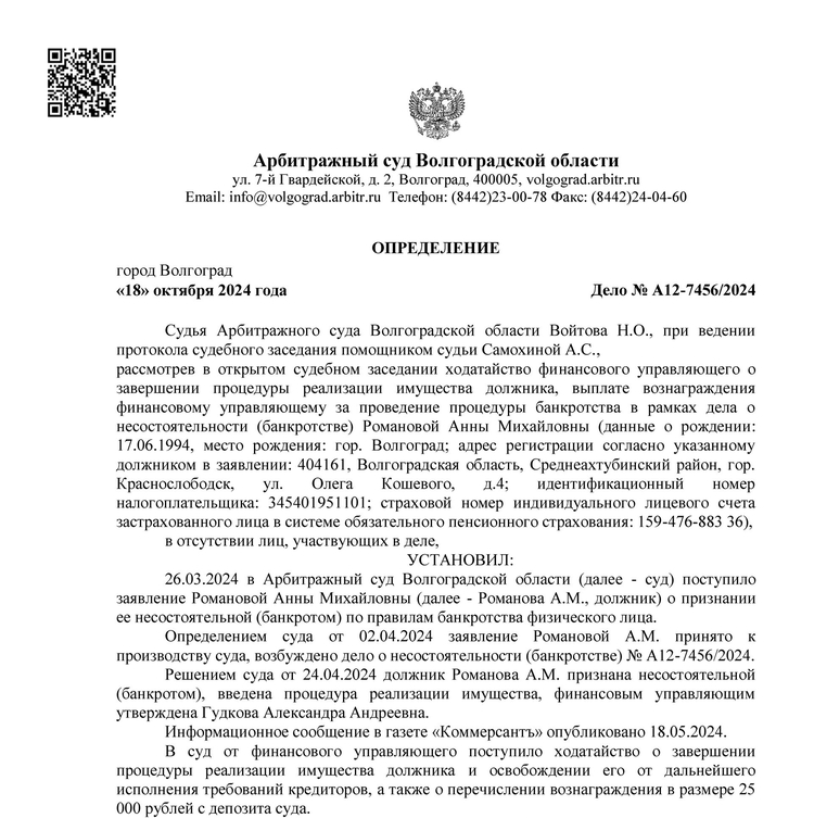 Списанные долги по банкротству арбитражным управляющим Гудковой Александрой Андреевной А12-7456