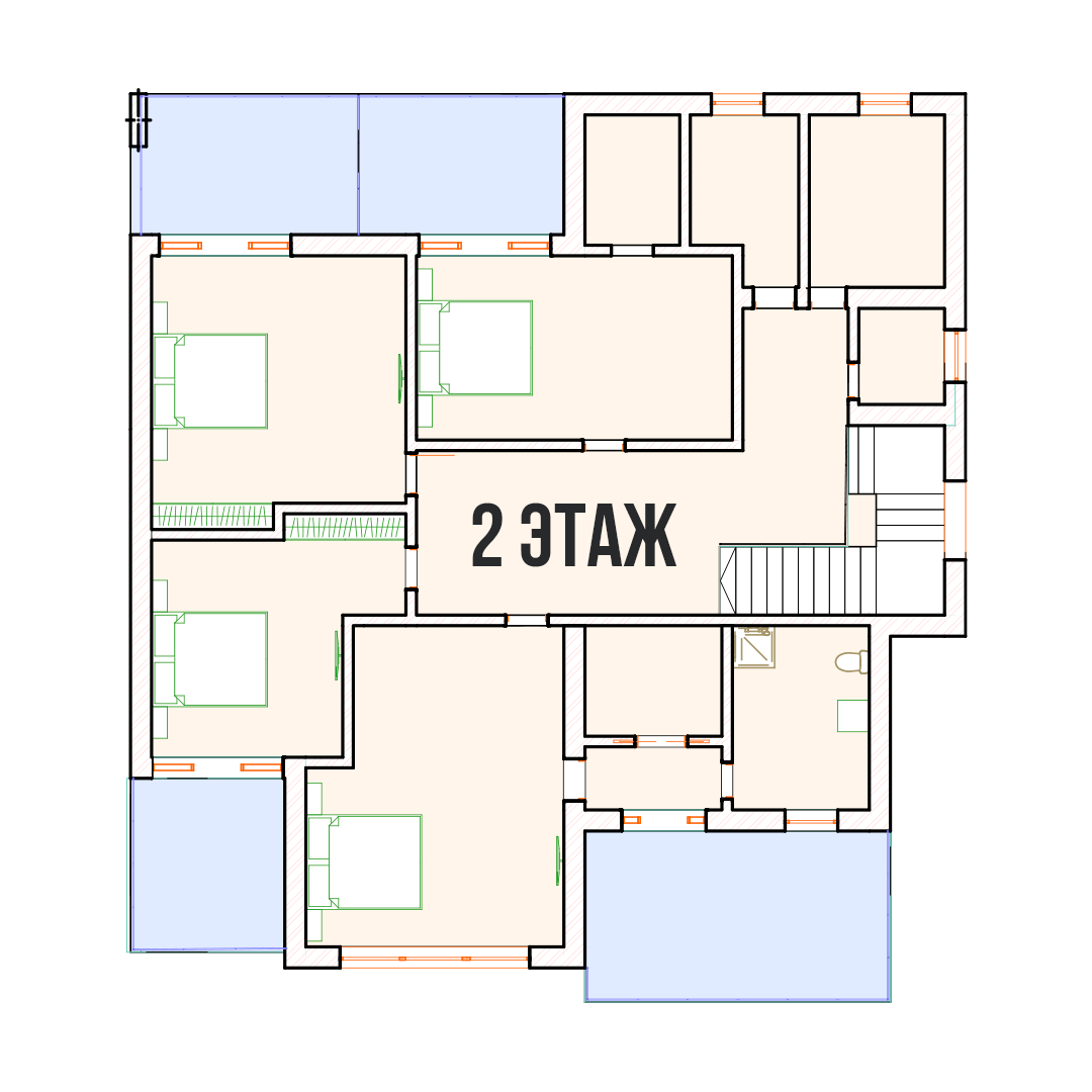 Схема планировки большого дома со спальнями, кухней-гостиной и санузлами