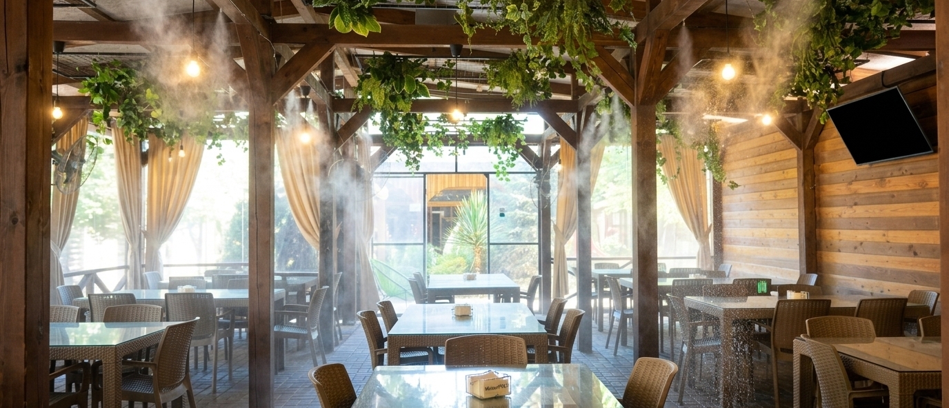 Система туманообразования Umbrella System в Парке Миниатюр, Бахчисарай.