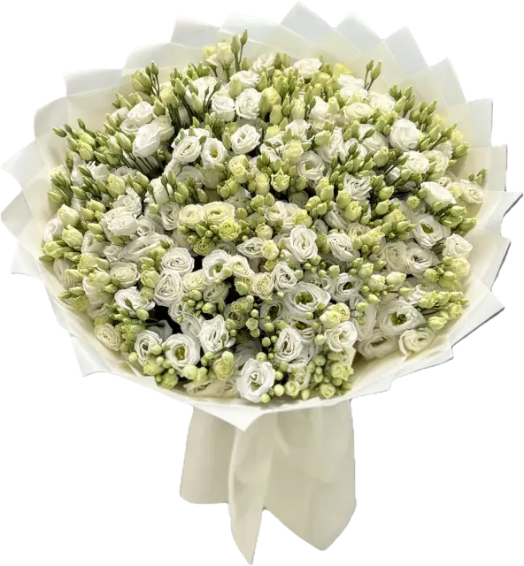 Букет из белых эустом  и кустовых роз «Белоснежная симфония» — купить с доставкой цветов по Москве