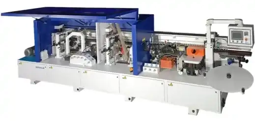 Автоматический станок HH504JR для фигурной кромки (раунд) и прифуговки. Вид на белом фоне.