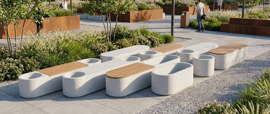 Уличная мебель в виде скамеек из бетона