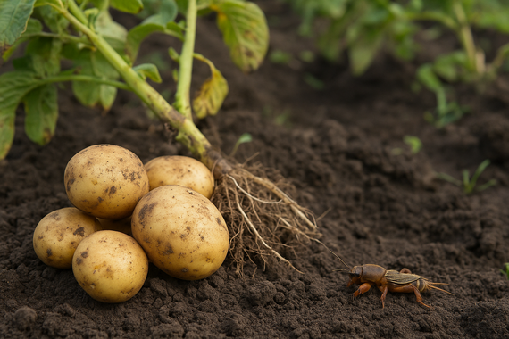 Медведка возле куста картошки