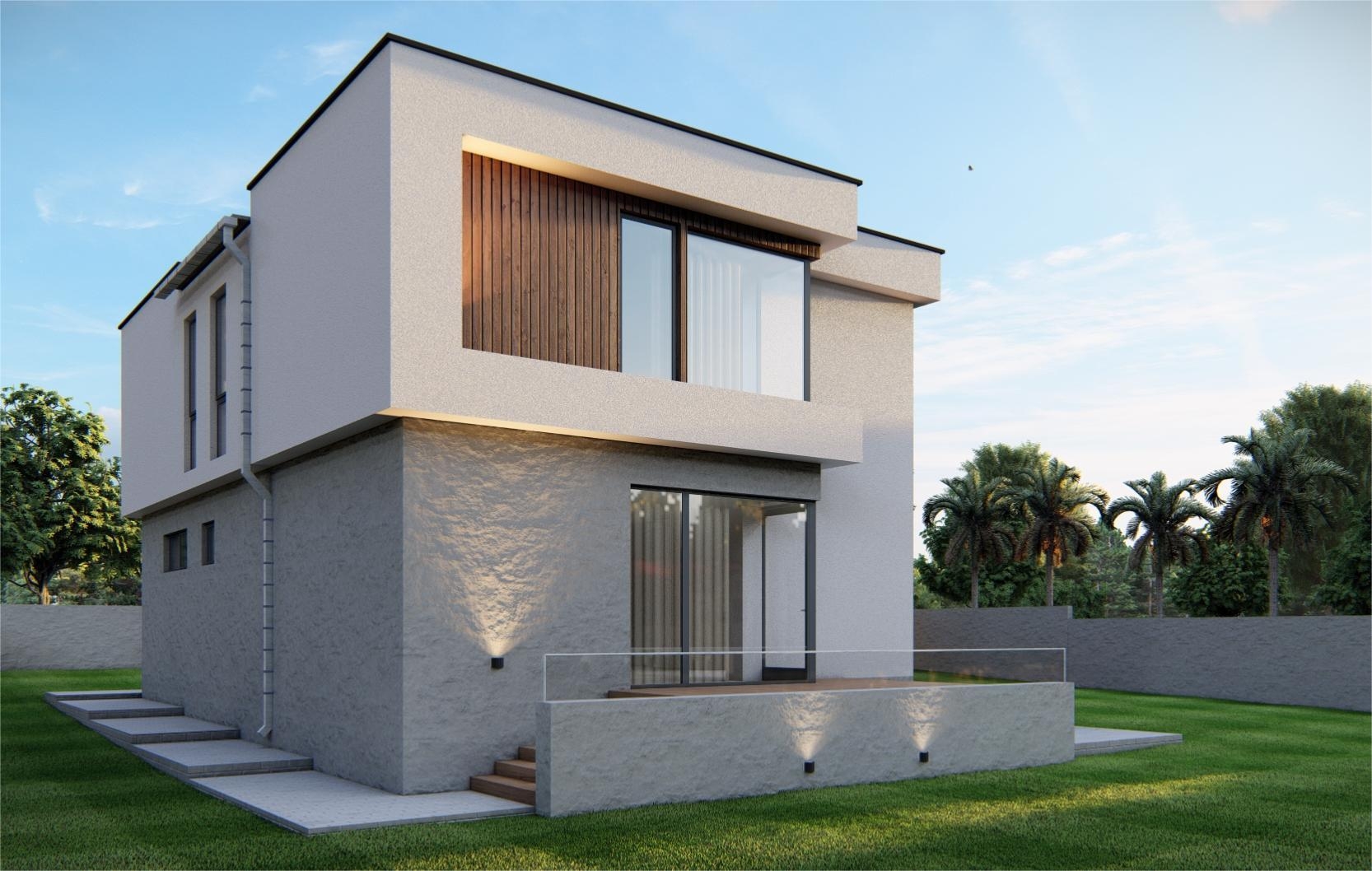 Визуализация большого дома с панорамным остеклением и кирпичной крышей