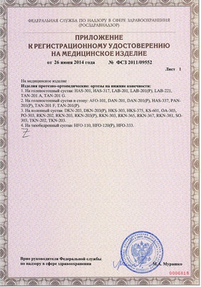 сертификат на регулируемый ортез на голеностоп