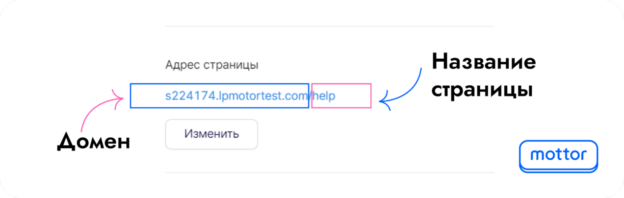 Как выглядит домен и название страницы в конструкторе Mottor