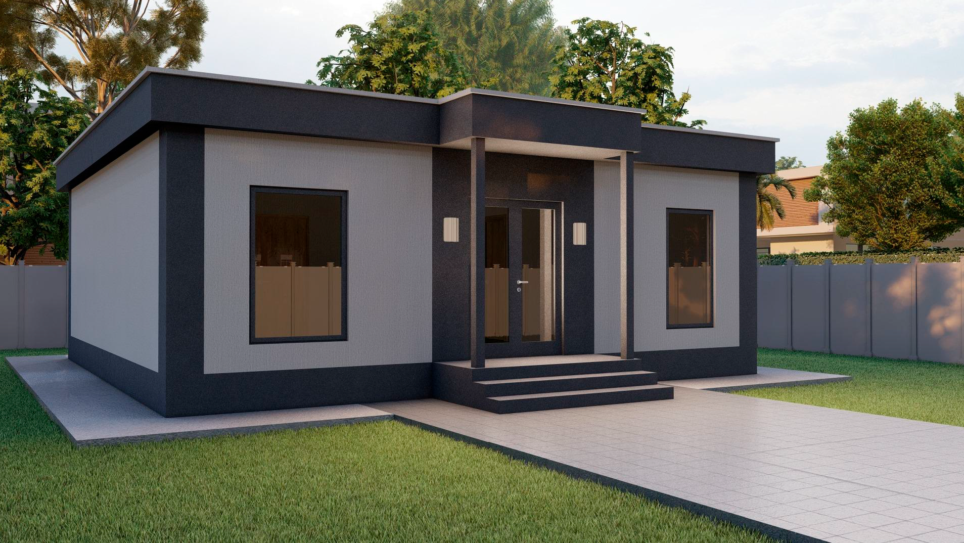 Визуализация одноэтажный современный дом сбоку