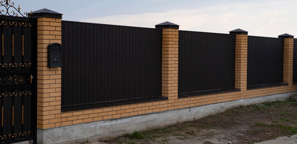 Комбинированный забор в Южно-Сахалинске: кирпичные столбы и профнастил для сейсмических зон