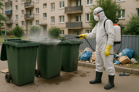 Дезинфекция контейнеров во дворе многоэтажного дома