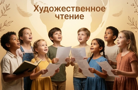 "Номинация «Художественное чтение»: дети стоят в ряд и читают; у одного — книга, у остальных — листк