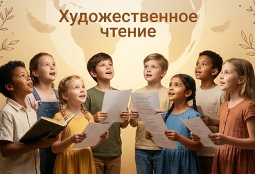 "Номинация «Художественное чтение»: дети стоят в ряд и читают; у одного — книга, у остальных — листк