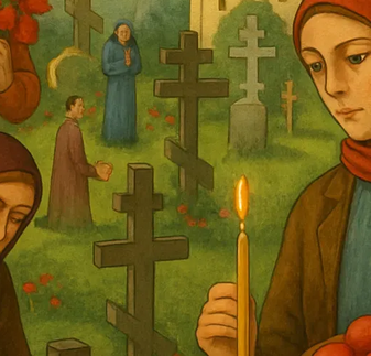 Радоница. Поминовение усопших. Семья на кладбище в Радоницу, возлагают цветы и молятся.