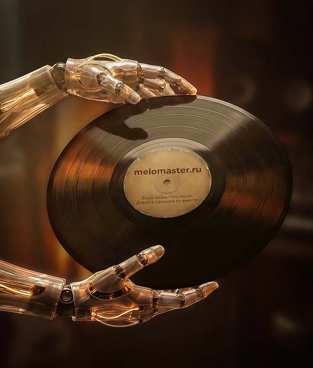 Руки киборга держат пластинку - символ того, как ИИ-технологии создают душевную песню в подарок