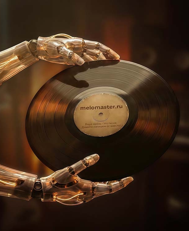Руки киборга держат пластинку - символ того, как ИИ-технологии создают душевную песню в подарок