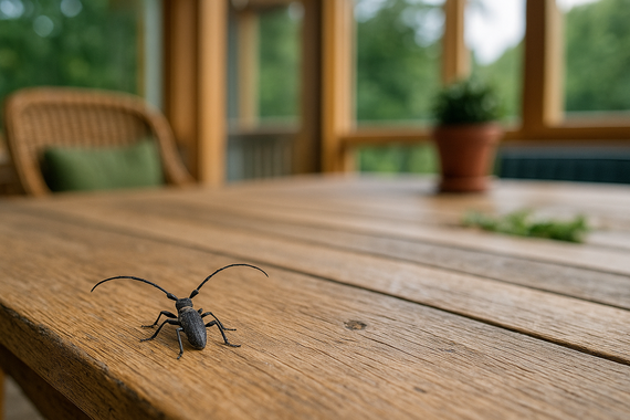 Усач на веранде на столе