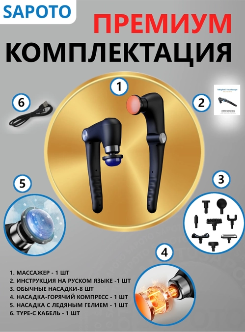 Комплектация массажера: насадки горячий компресс и с ледяным гелем, инструкция на русском языке