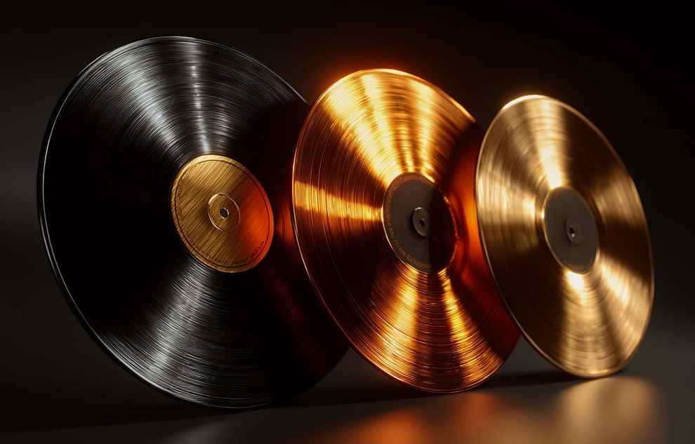 Три разные пластинки символизируют широкий выбор основных и дополнительных услуг по созданию песен