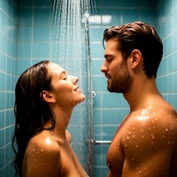 Мужчина и женщина, обнаженные, в душе