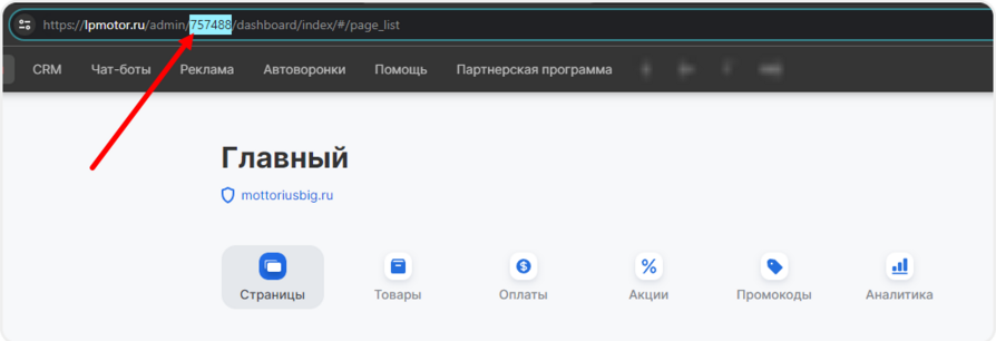 Копирование ID сайта в mottor