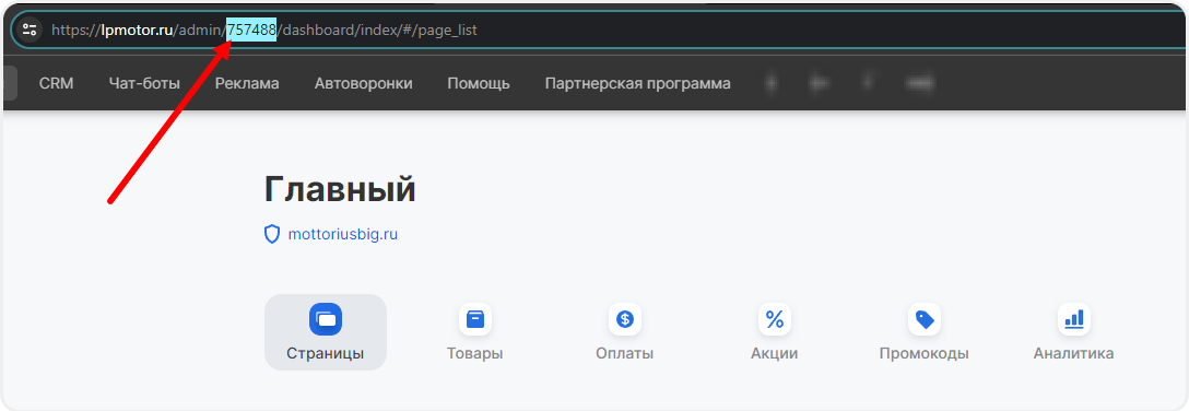 Копирование ID сайта в mottor