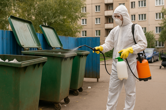Дезинфекция мусорных контейнеров во дворе многоэтажки