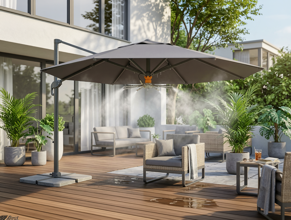 Модернизация уличного зонта: установлен адаптер для системы холодного тумана.