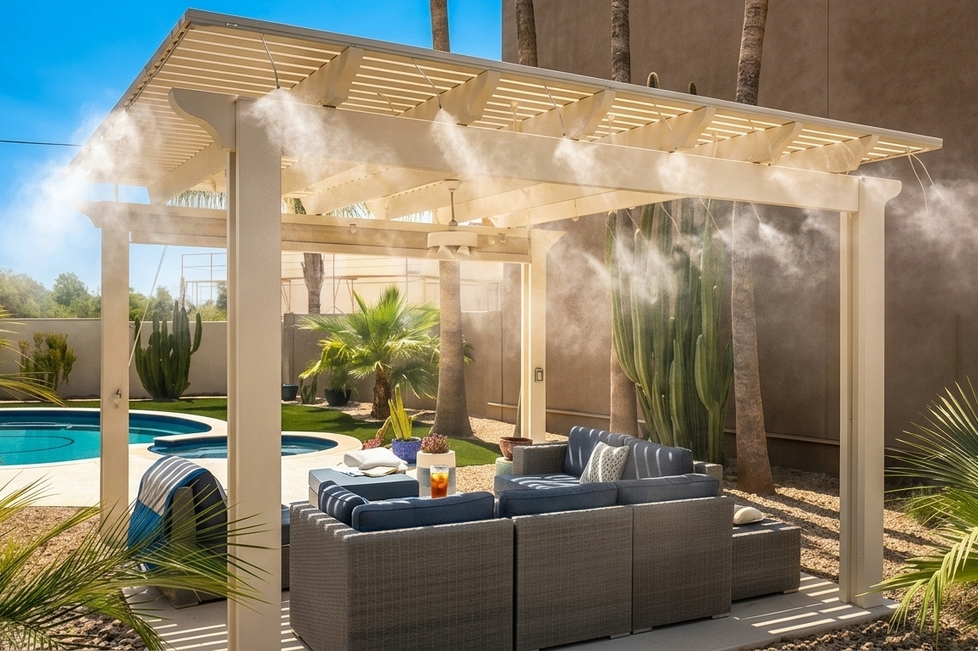 Система холодного тумана высокого давления Umbrella System, интегрированная в перголу частного дома 