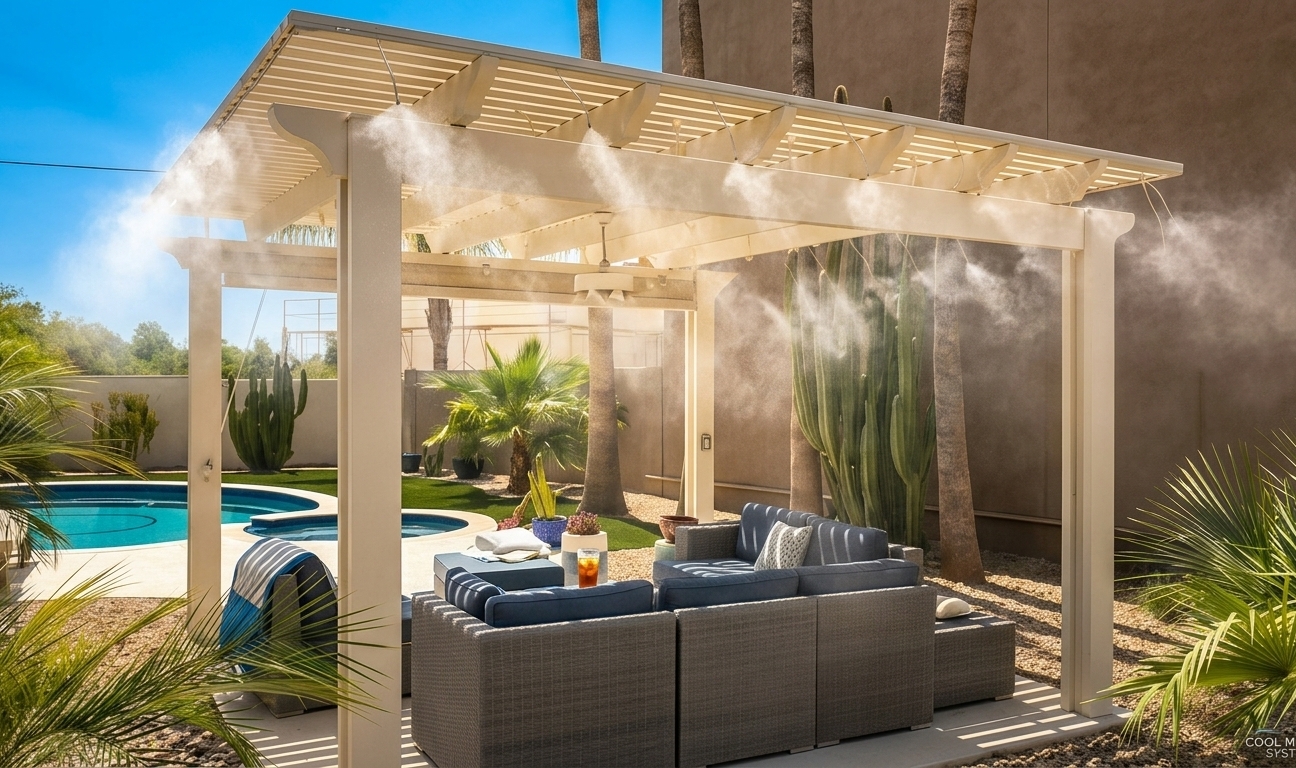 Система холодного тумана высокого давления Umbrella System, интегрированная в перголу частного дома 