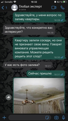 Описание диалога между клиентом и Глобал эксперт о заливе квартиры