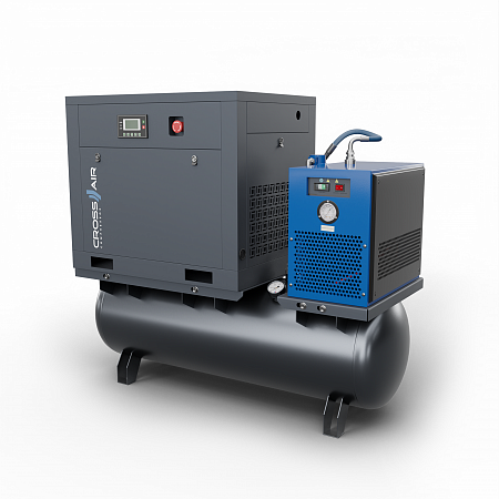 Винтовая компрессорная станция CrossAir CA7.5-10RA-500DRY с ресивером и осушителем на белом фоне