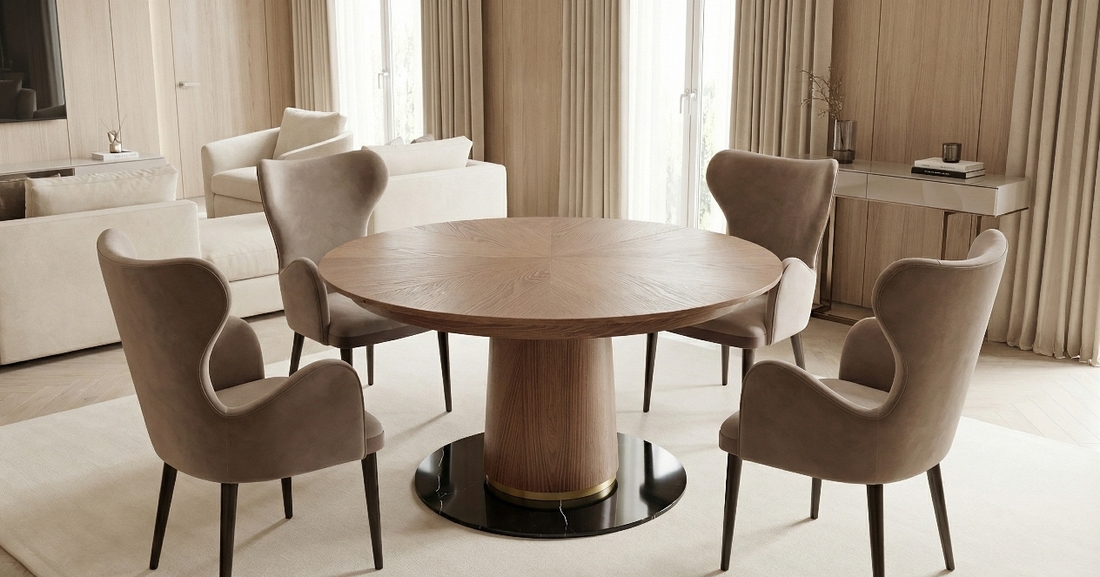 Стол из шпона ореха в интерьере гостиной — фото дизайнерской мебели