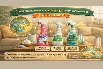 Собака на диване и средства для чистки пятна
