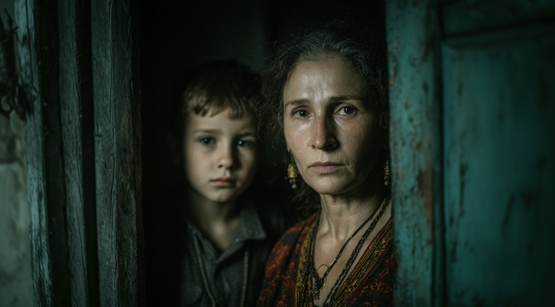 Женщина в отчаянии прислонилась к окну, рядом детский рисунок семьи — метафора боли матери в абьюзив