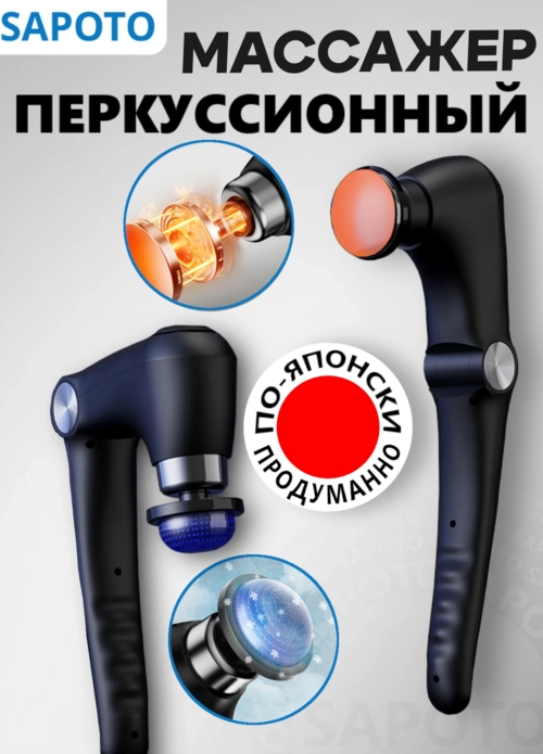 Перкуссионный массажер со складной ручкой, прогревающей и охлаждающей насадками.