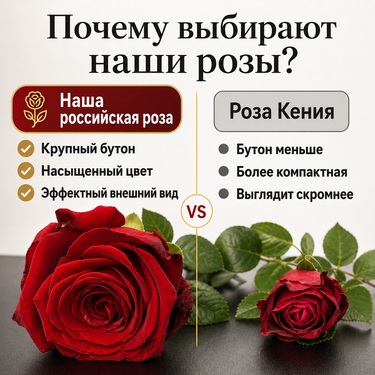Сравнение российской розы и розы Кения: слева крупный красный бутон российской розы, справа компактн