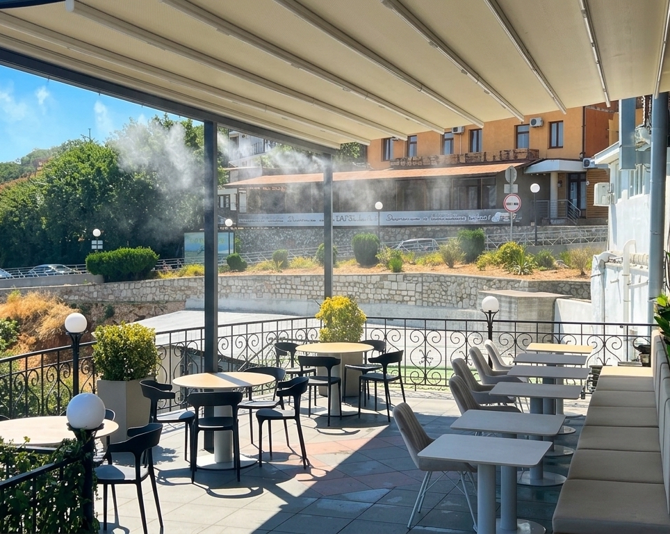 Линейная система холодного тумана Umbrella System на террасе кафе «Deep Black» в Гаспре.