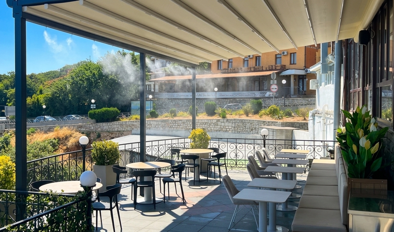 Линейная система холодного тумана Umbrella System на террасе кафе «Deep Black» в Гаспре.