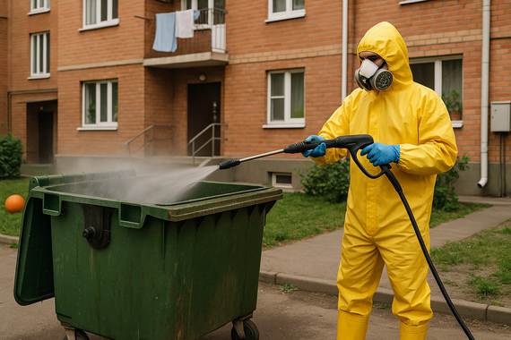 Дезинфекция мусорного контейнера во дворе многоэтажки