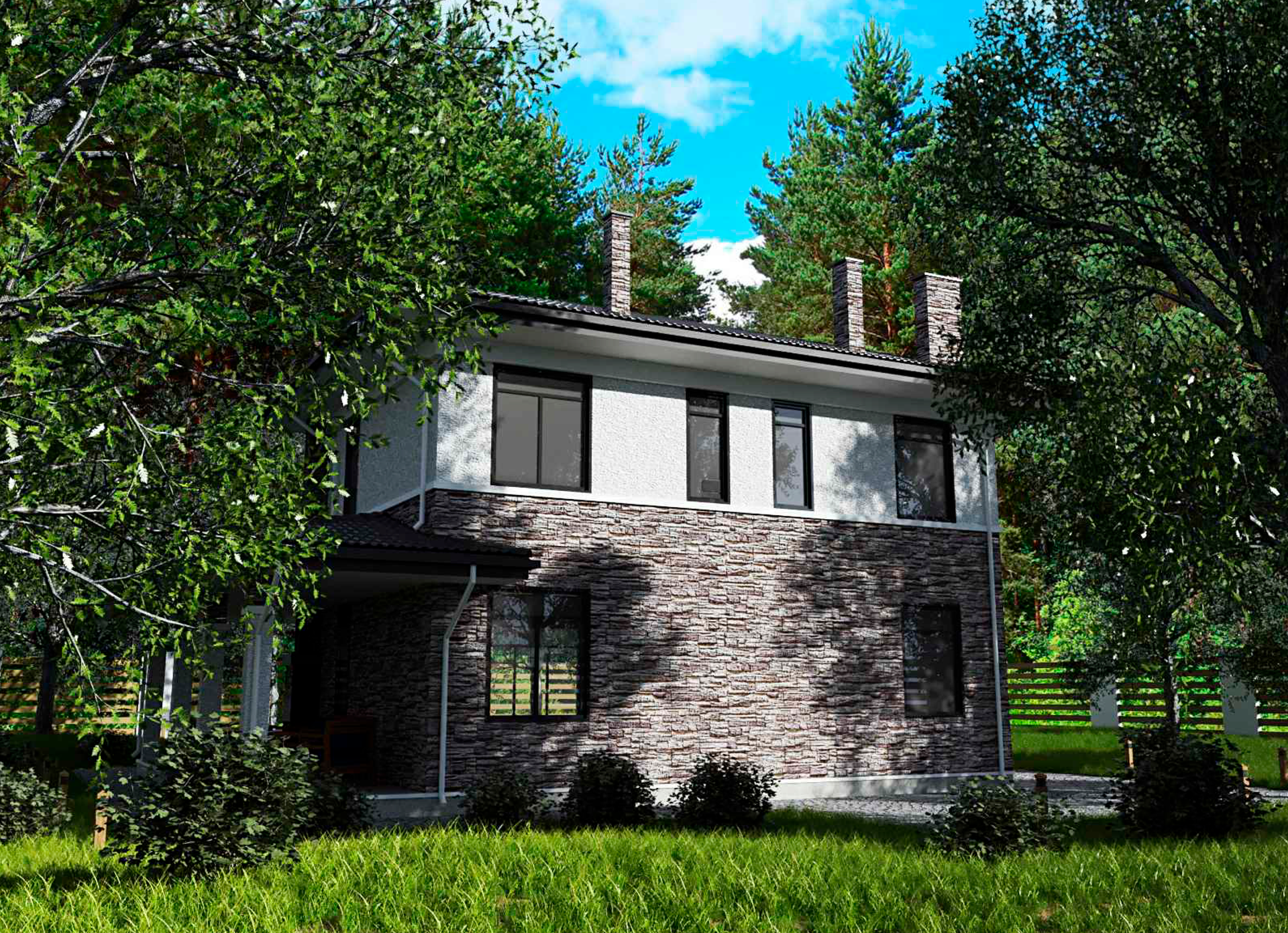 Визуализация эркера одноэтажного дома с контрастным фасадом