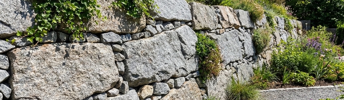 Бутовый камень и крупный гранитный щебень в подпорной стене