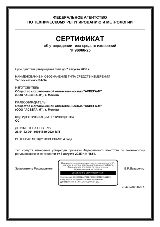 Сертификат об утверждении типа средств измерений РФ № 94341-25 ООО «АСВЕГА-М»