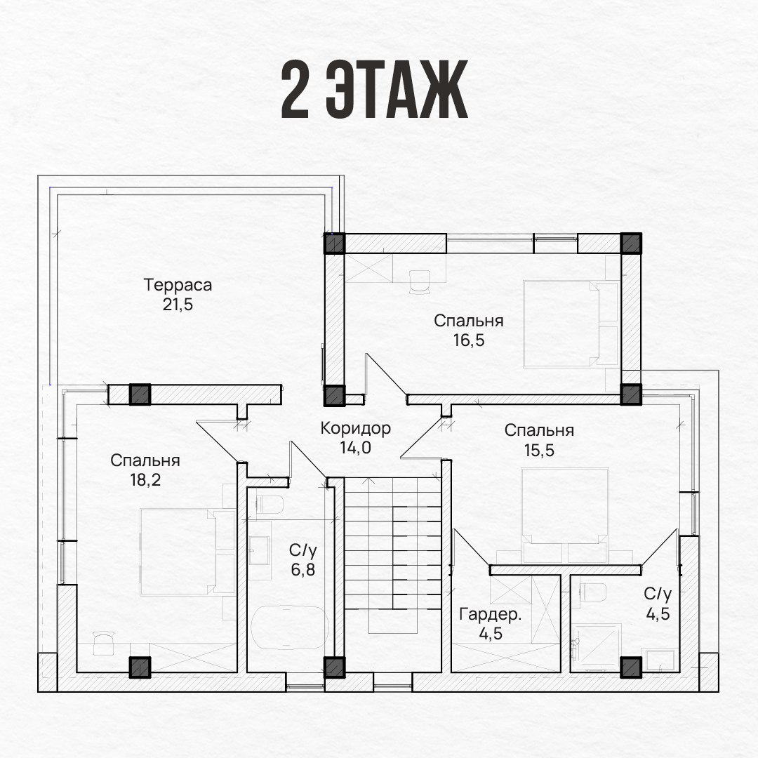 Схема планировки большого дома со спальнями, кухней-гостиной и санузлами