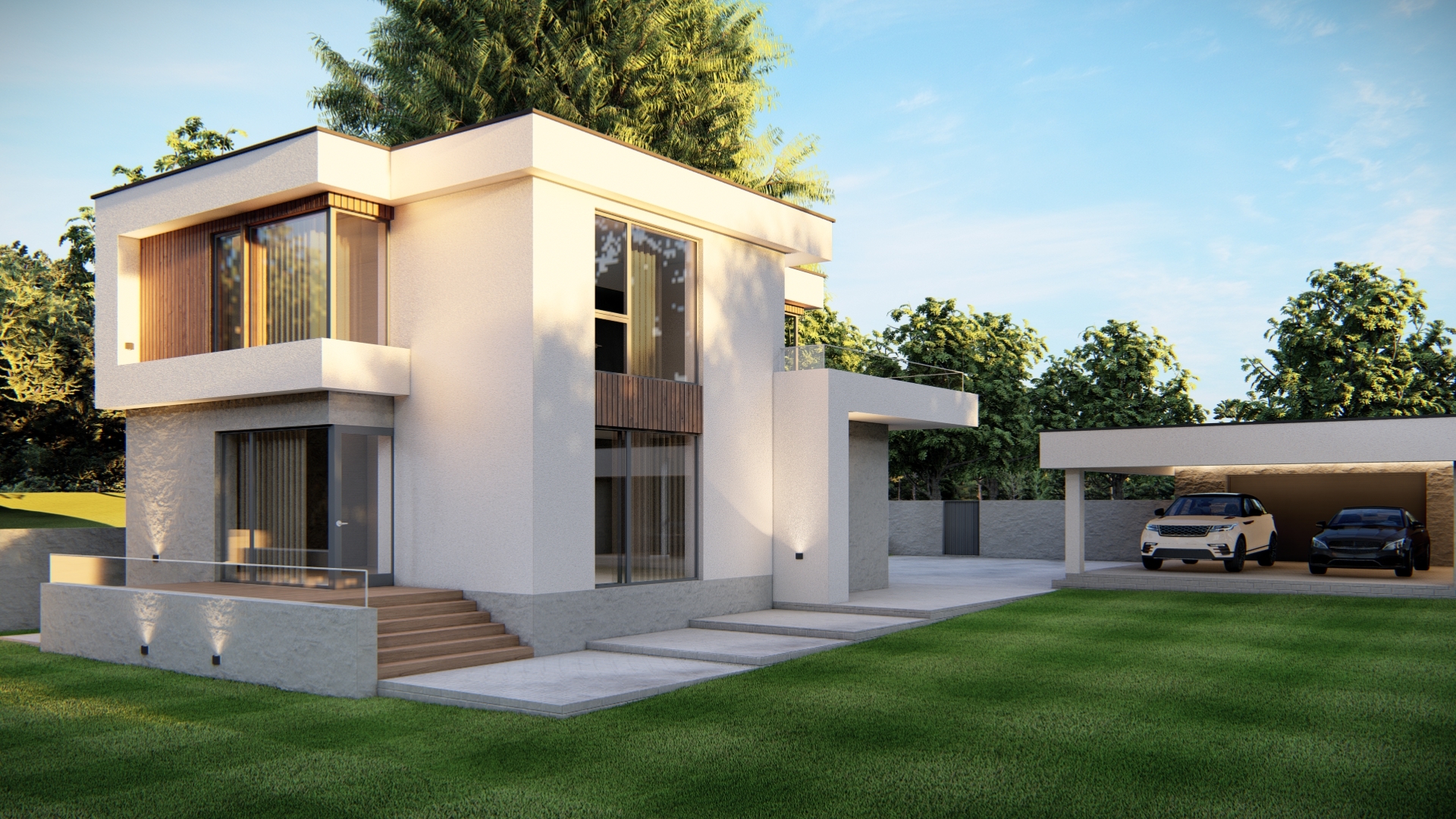 Визуализация большого дома с панорамным остеклением и кирпичной крышей