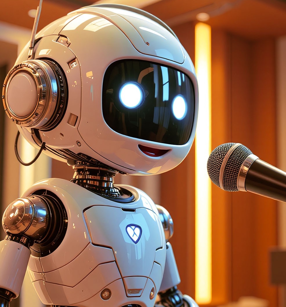 Робот у микрофона символизирует создание уникальных песен с помощью передовых нейросетей